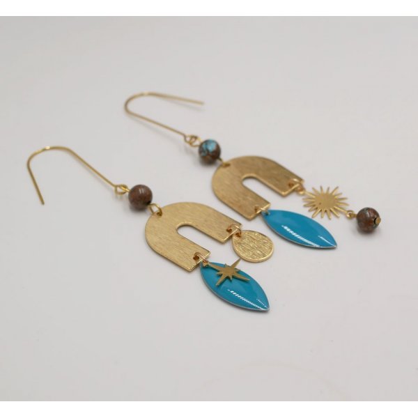 Boucles d'oreilles Pont et pierre en laiton brut et sequin turquoise