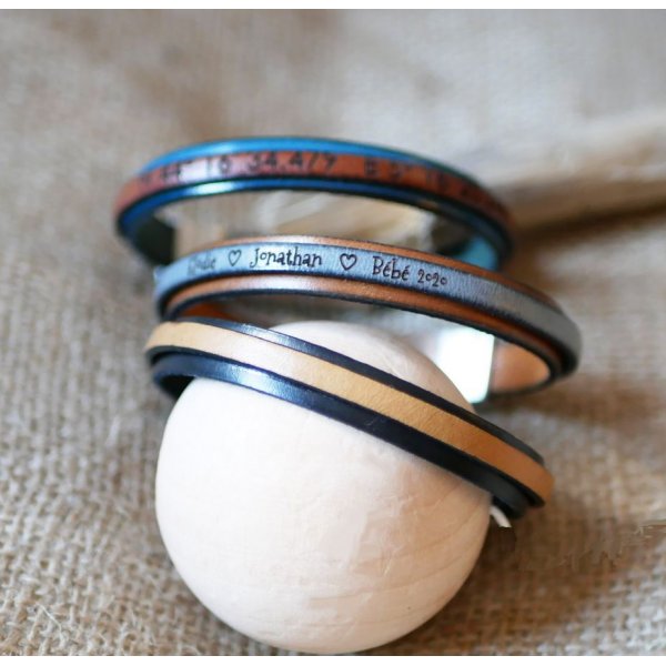 Bracelet cuir bicolore personnalisable couleur et gravure 
