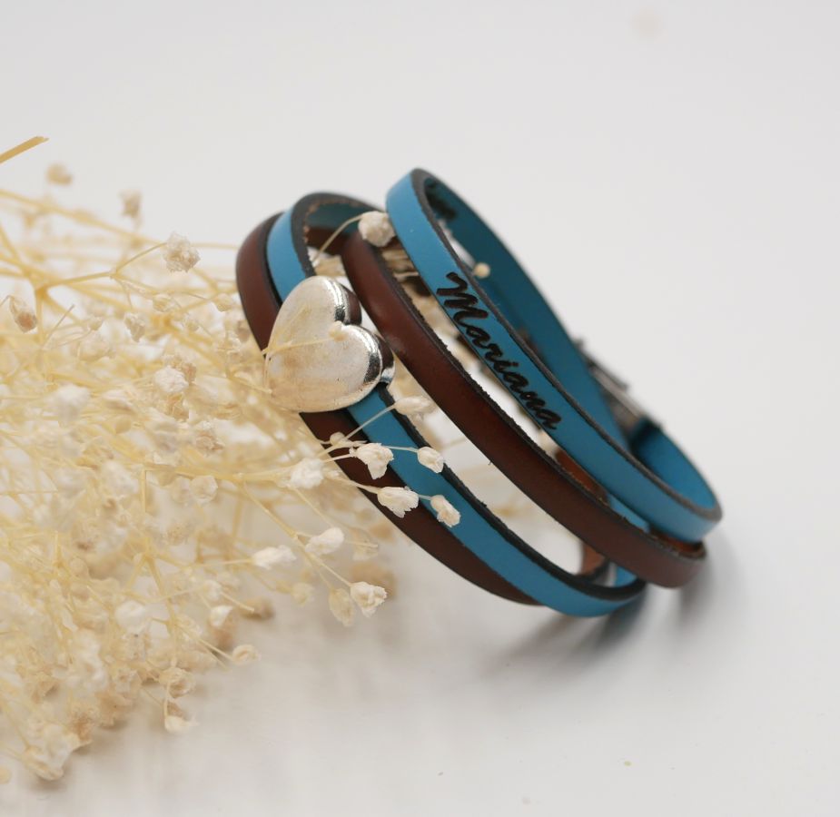 Bracelet cuir double en duo avec coeur argenté à personnaliser par gravure