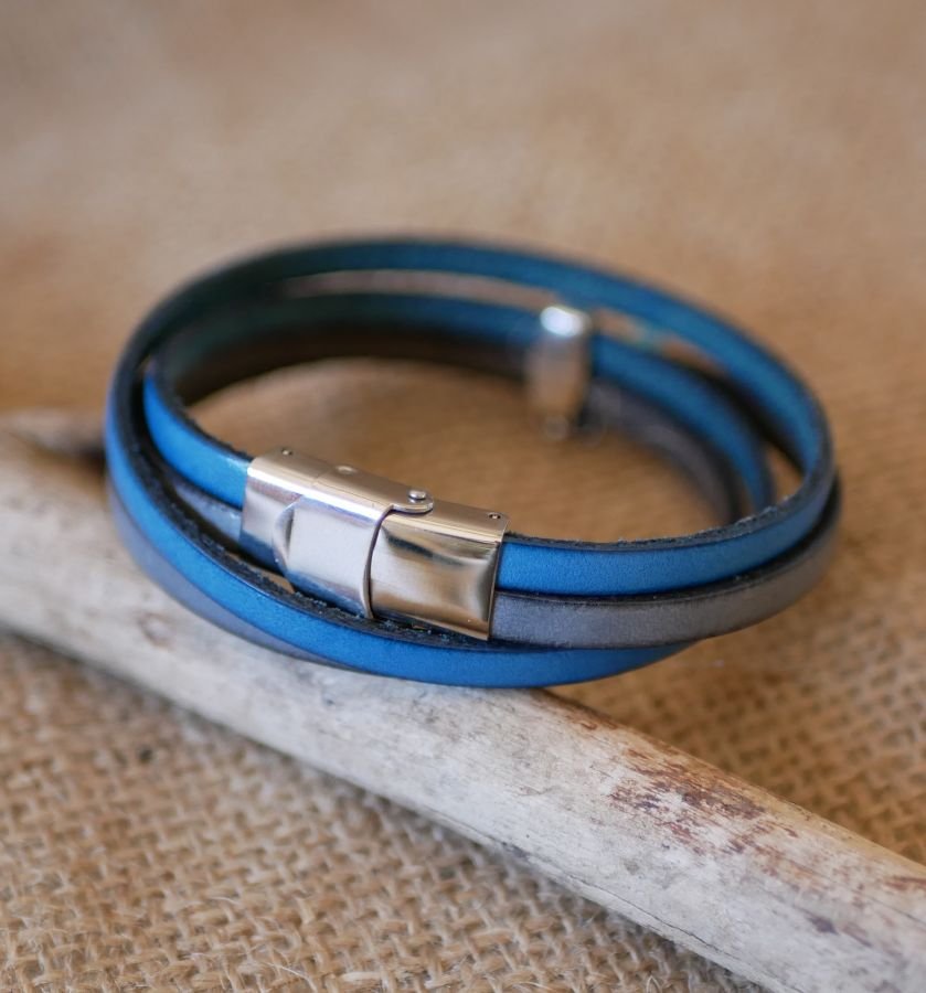 Bracelet cuir double en duo avec breloques sequin Bleu