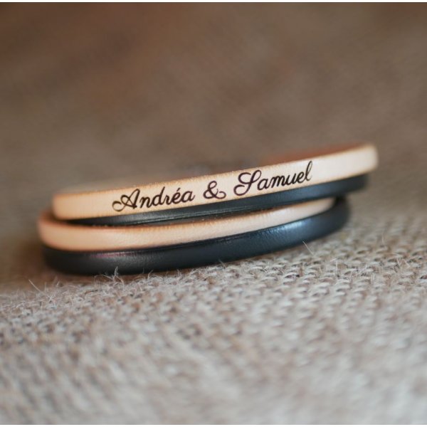 Bracelet cuir double en duo &agrave; personnaliser par gravure
