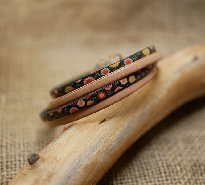 Bracelet cuir double en duo avec cuir imprim&eacute; et cuir uni au choix