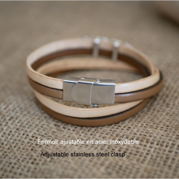 Bracelet cuir double en duo d&eacute;cor&eacute; d'une plume argent&eacute;e