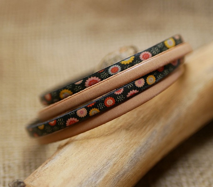 Bracelet cuir double en duo avec cuir imprim&eacute; et cuir uni au choix