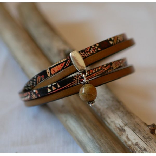 Bracelet cuir double ethnique avec breloque perle