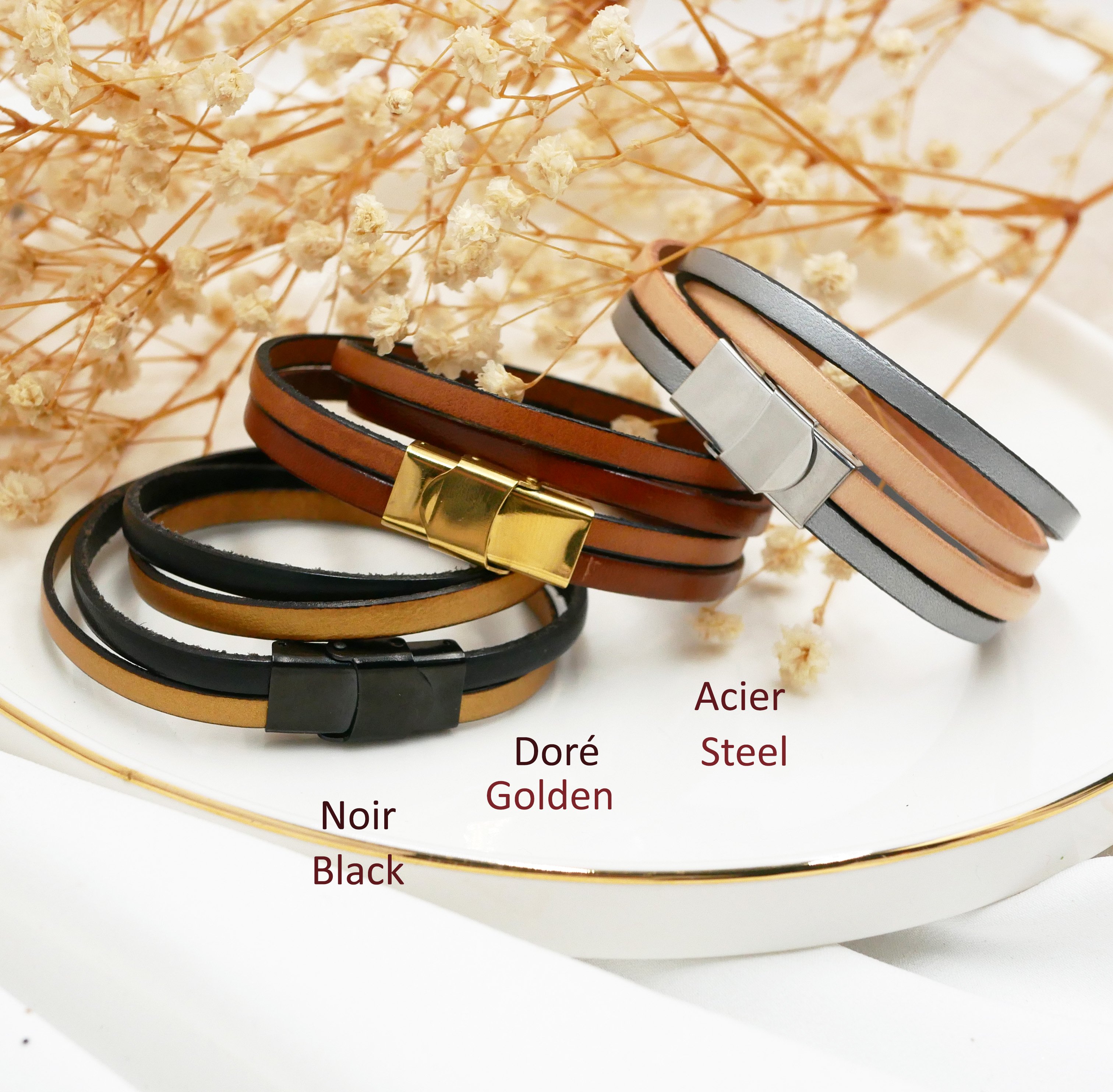 Bracelet cuir double gravé doré aux billes argentées personnalisable