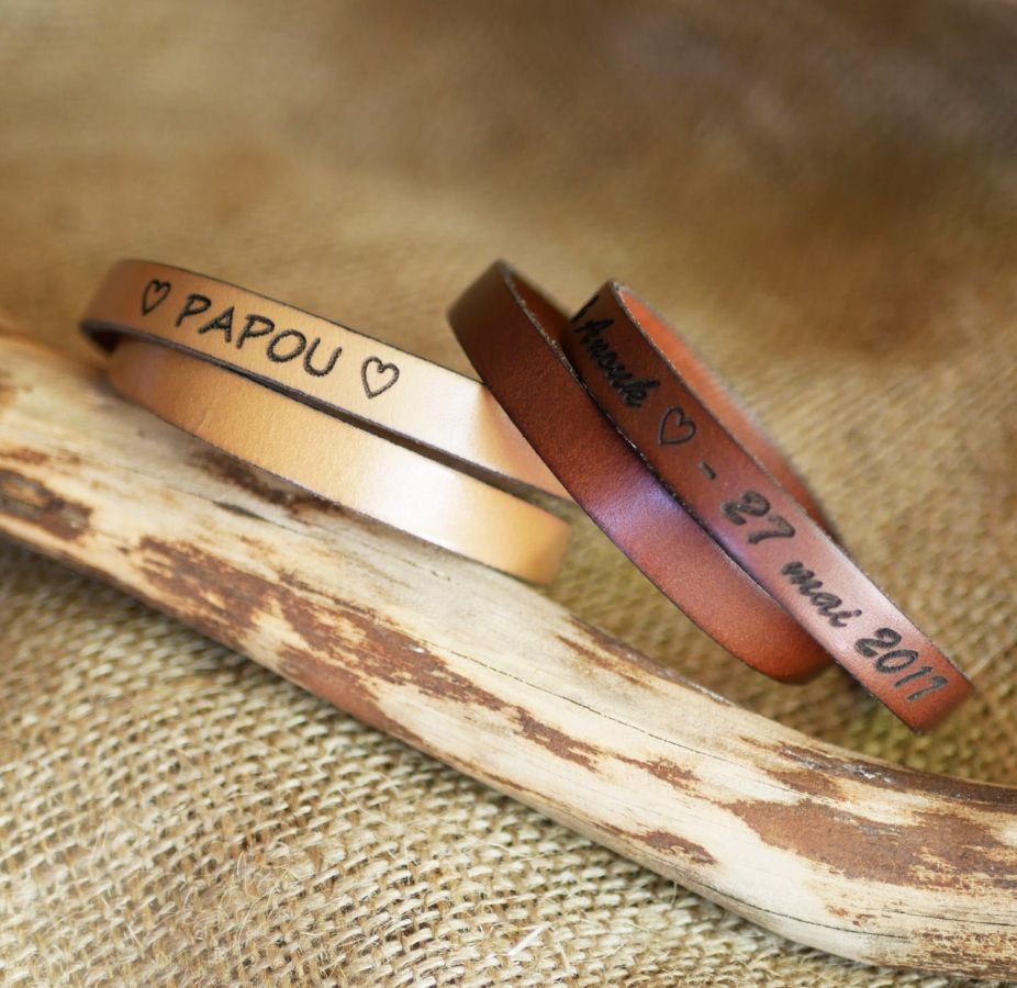 Bracelet cuir double tours homme papa personnalisable par gravure