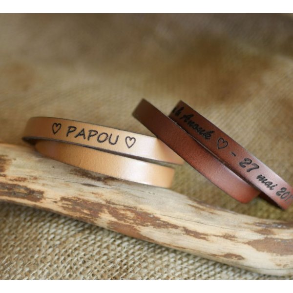 Bracelet cuir double tours de poignet pour homme personnalisable par gravure