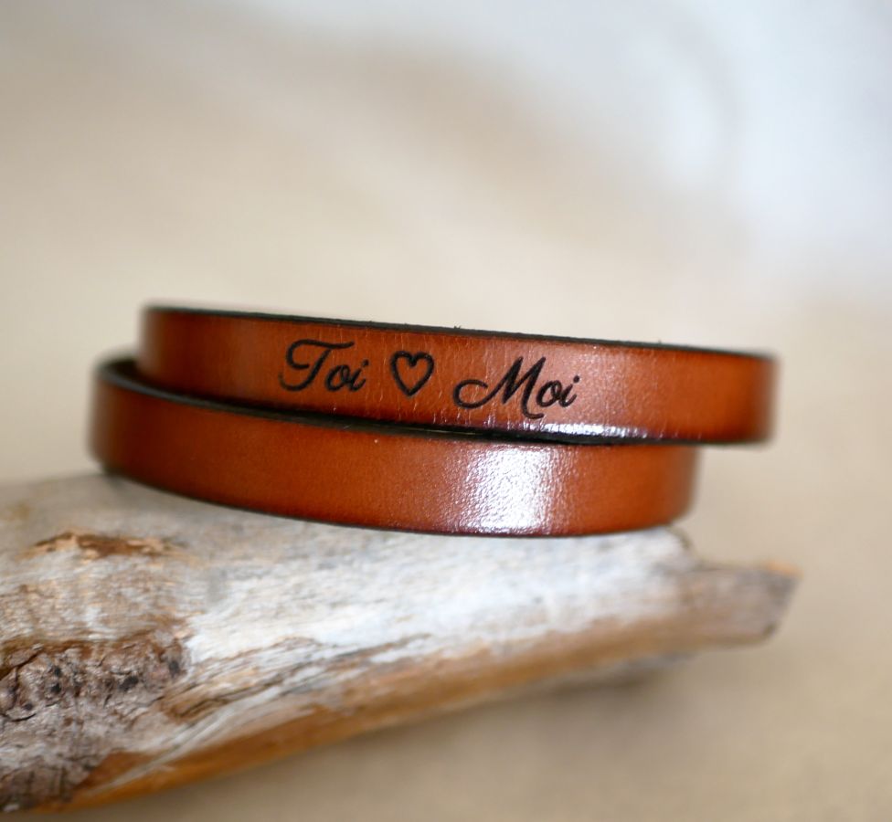 Bracelet cuir double tours homme papa personnalisable par gravure
