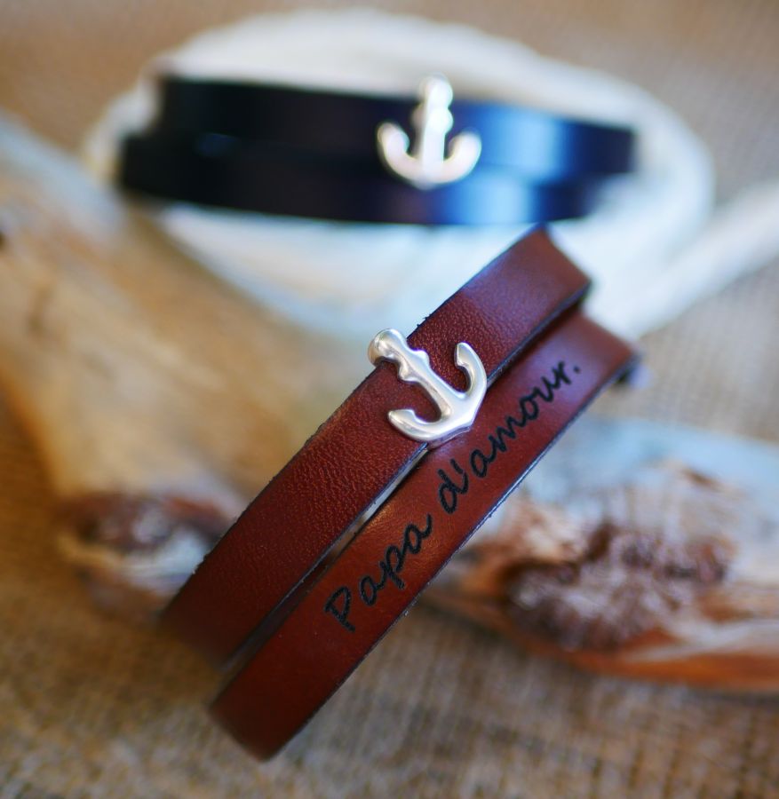 Bracelet cuir double tours de poignet décor ancre marine personnalisable 