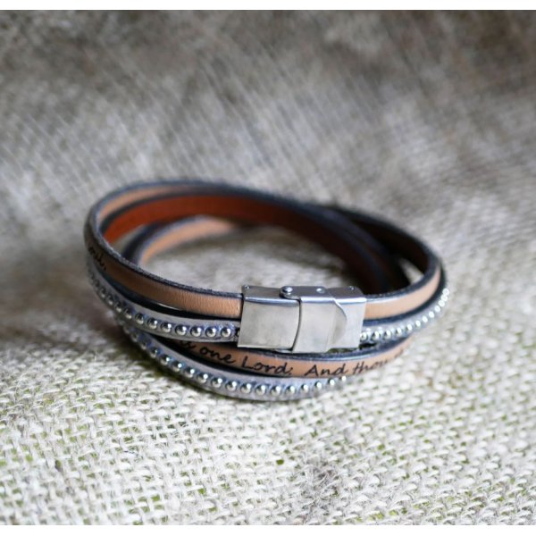 Bracelet cuir double gravé gris métalisé aux billes argentées personnalisable