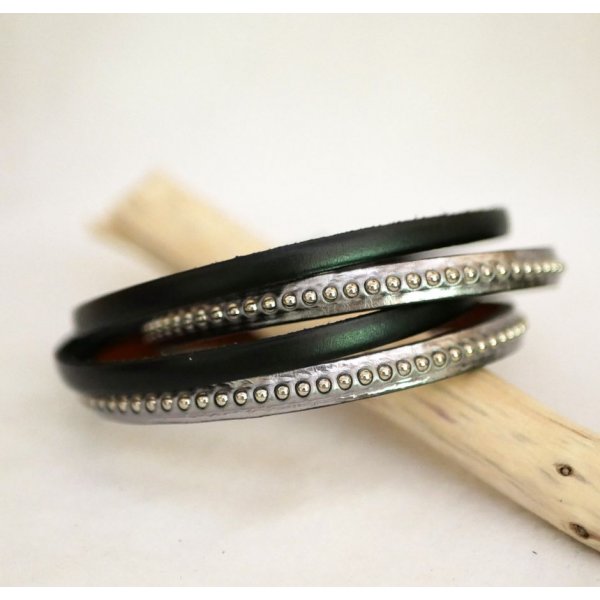 Bracelet cuir double gravé gris métalisé aux billes argentées personnalisable