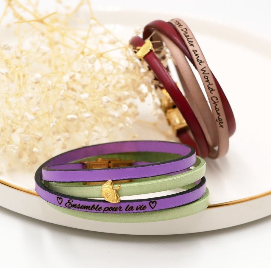 Bracelet zen cuir en duo de couleurs personnalisable avec ginkgo doré 