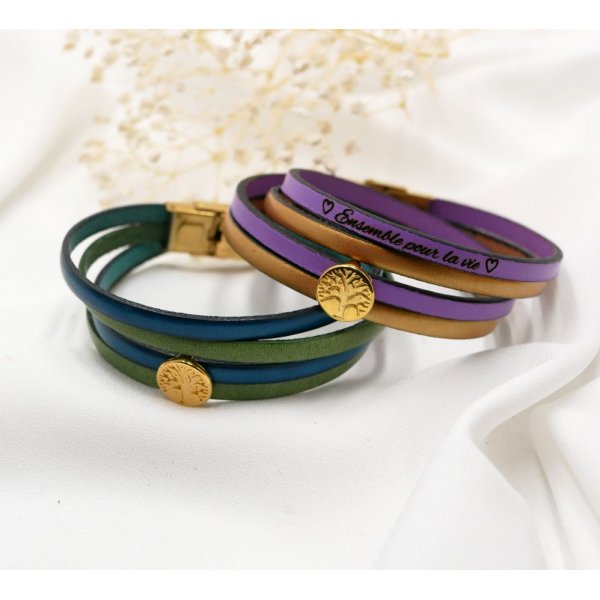 Bracelet cuir en duo de couleurs personnalisable avec cabochon doré Arbre de vie