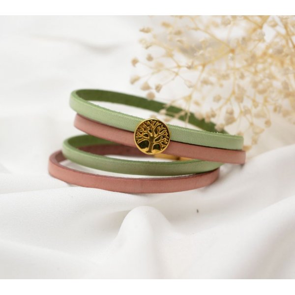 Bracelet cuir en duo de couleurs personnalisable avec cabochon doré Arbre de vie