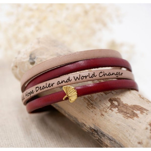 Bracelet zen cuir en duo de couleurs personnalisable avec ginkgo doré 