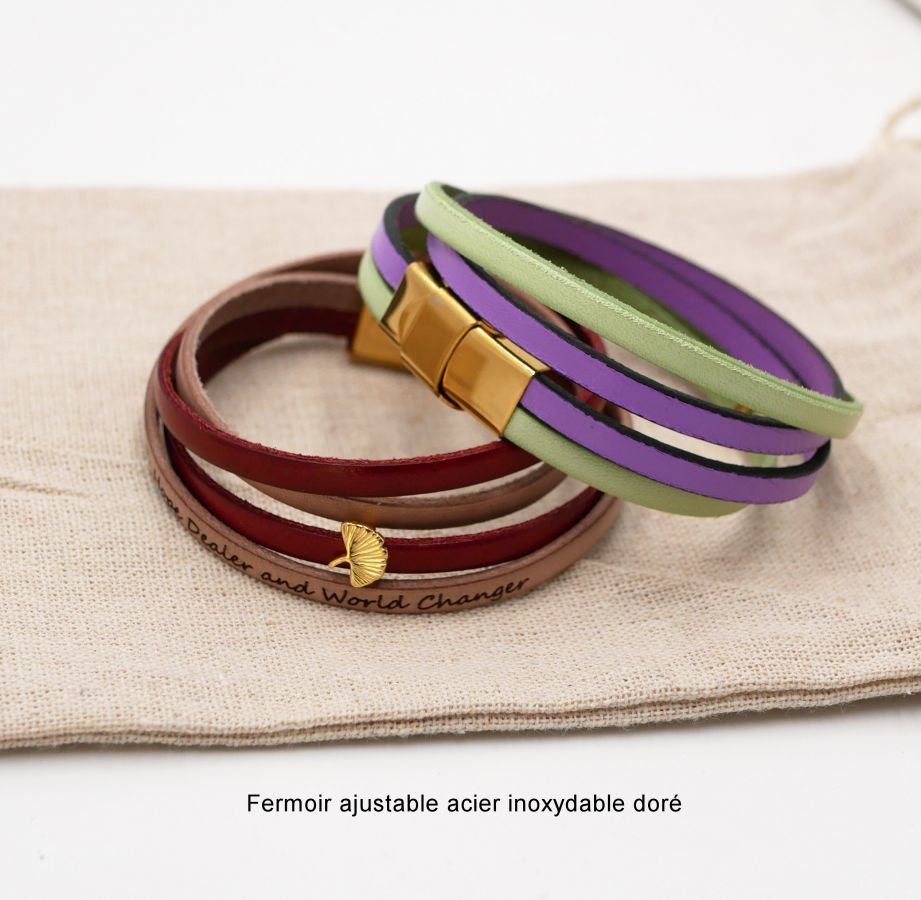 Bracelet cuir en duo de couleurs personnalisable avec ginkgo doré 