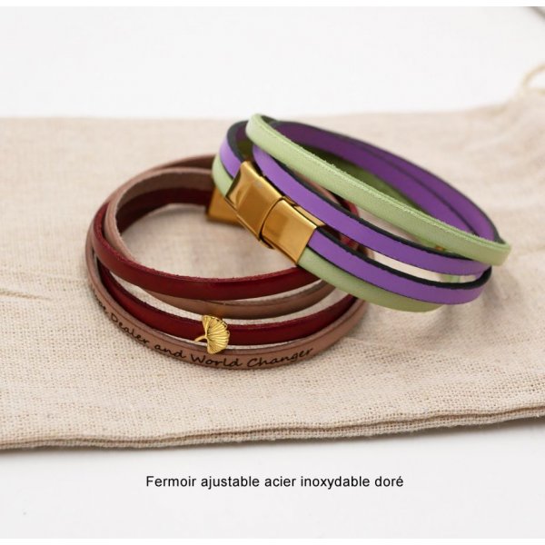 Bracelet zen cuir en duo de couleurs personnalisable avec ginkgo doré 