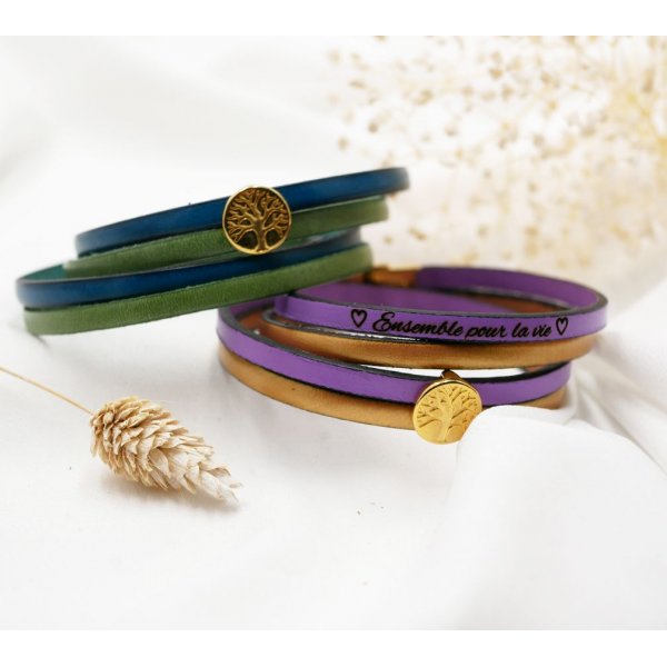Bracelet cuir en duo de couleurs personnalisable avec cabochon doré Arbre de vie