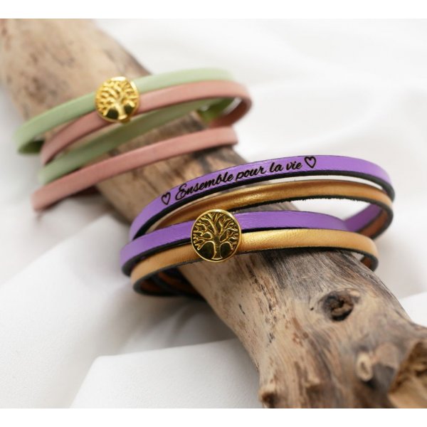Bracelet cuir en duo de couleurs personnalisable avec cabochon doré Arbre de vie