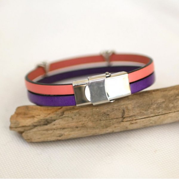 Bracelet cuir en duo passants coeurs personnalisable femme 