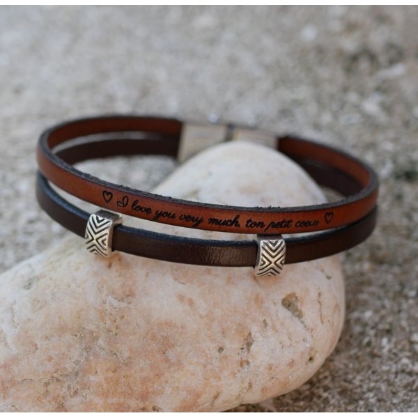 Bracelet cuir en duo passants ethniques personnalisable mixte femme ou homme