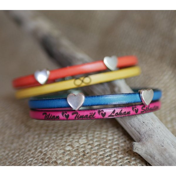 Bracelet cuir en duo passants coeurs personnalisable femme 