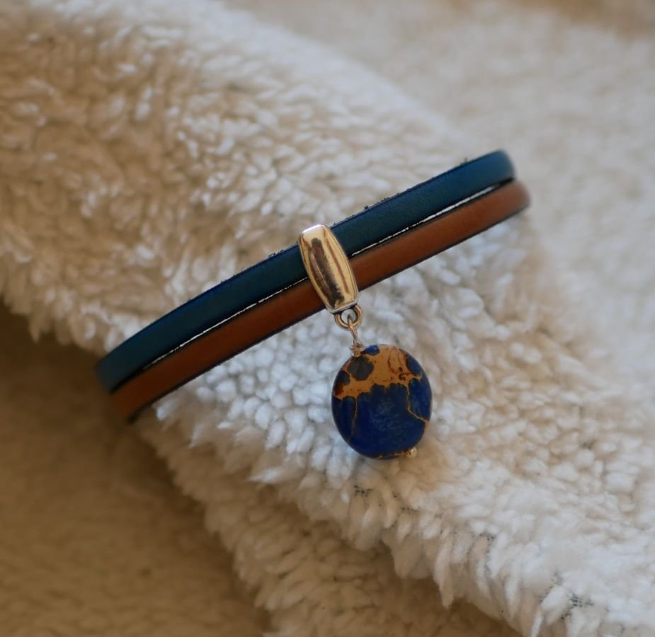 Bracelet cuir en duo avec pierre disque de jaspe bleu 