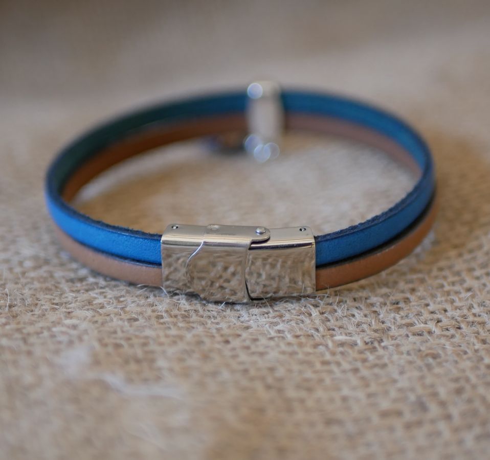 Bracelet cuir en duo avec pierre disque de jaspe bleu 