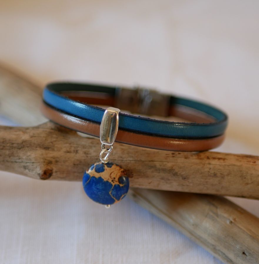 Bracelet cuir en duo avec pierre disque de jaspe bleu 