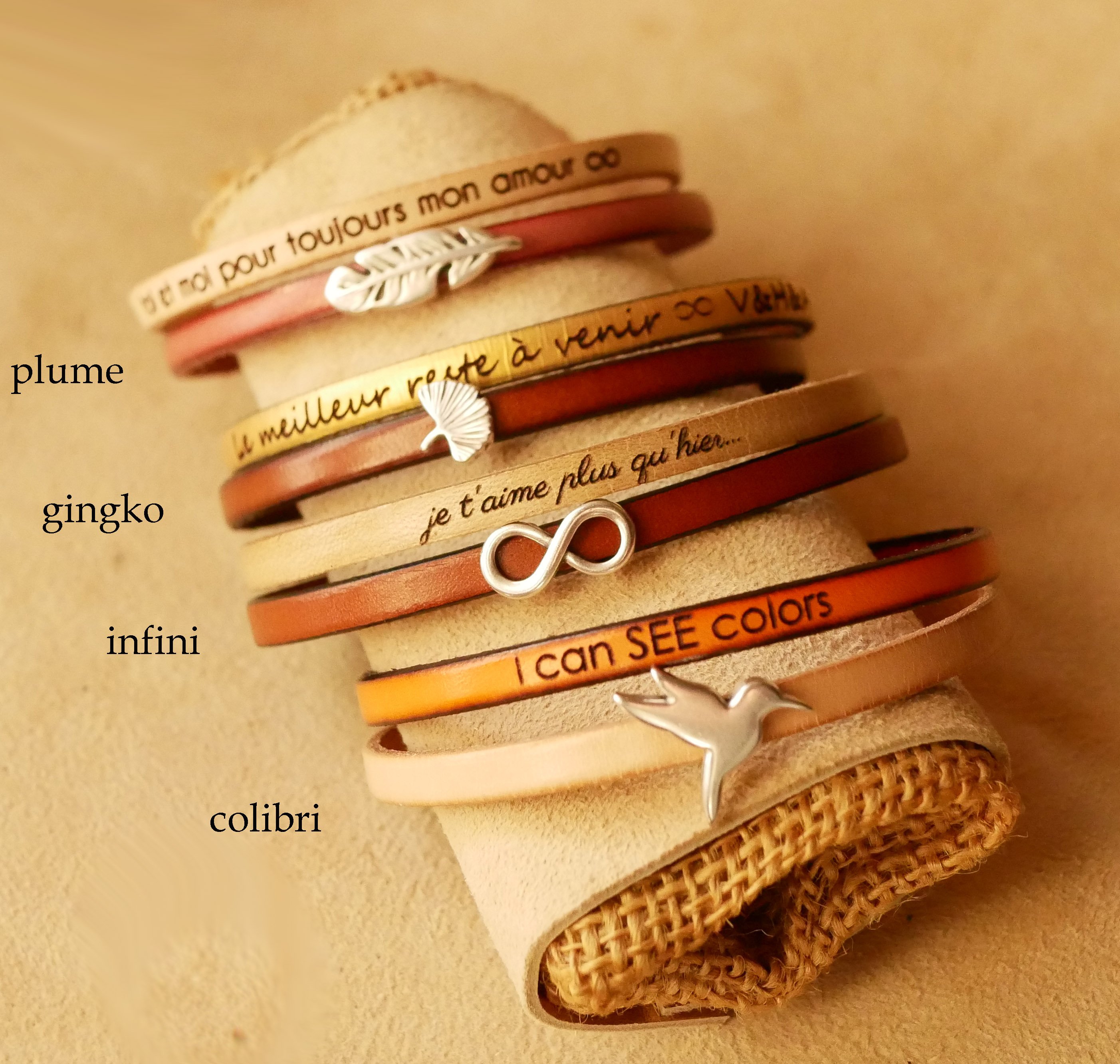 Bracelet cuir en duo &agrave; personnalis&eacute; au petit passant coeur, &eacute;toile, infini