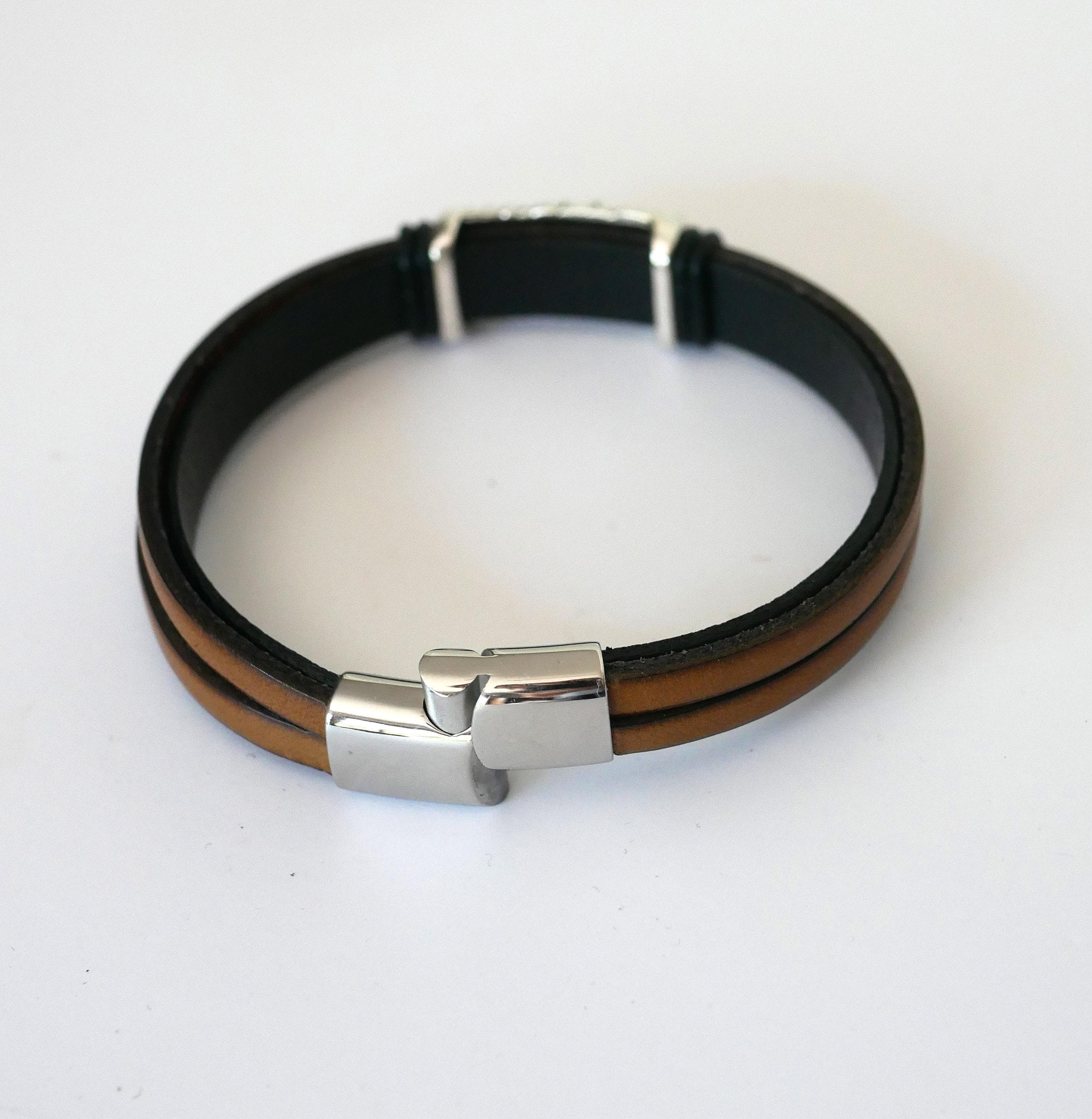 Bracelet cuir fauve doublé décor métal tressé fermoir aimanté