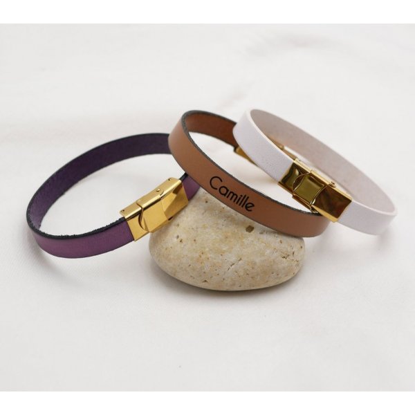 Bracelet cuir femme personnalisé par gravure fermoir doré