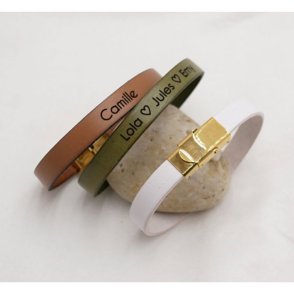 Bracelet cuir femme personnalisé par gravure fermoir doré