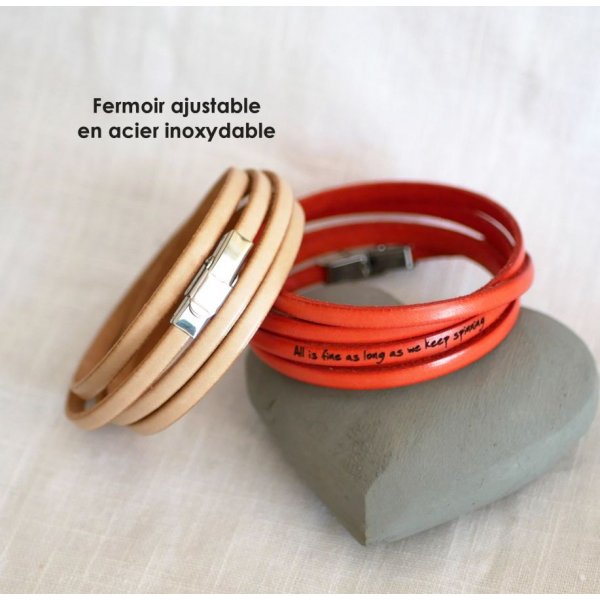 Bracelet cuir fin en 5 tours pour homme ou femme gravé personnalisé