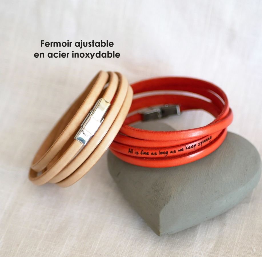 Bracelet cuir fin en 5 tours pour homme ou femme gravé personnalisé