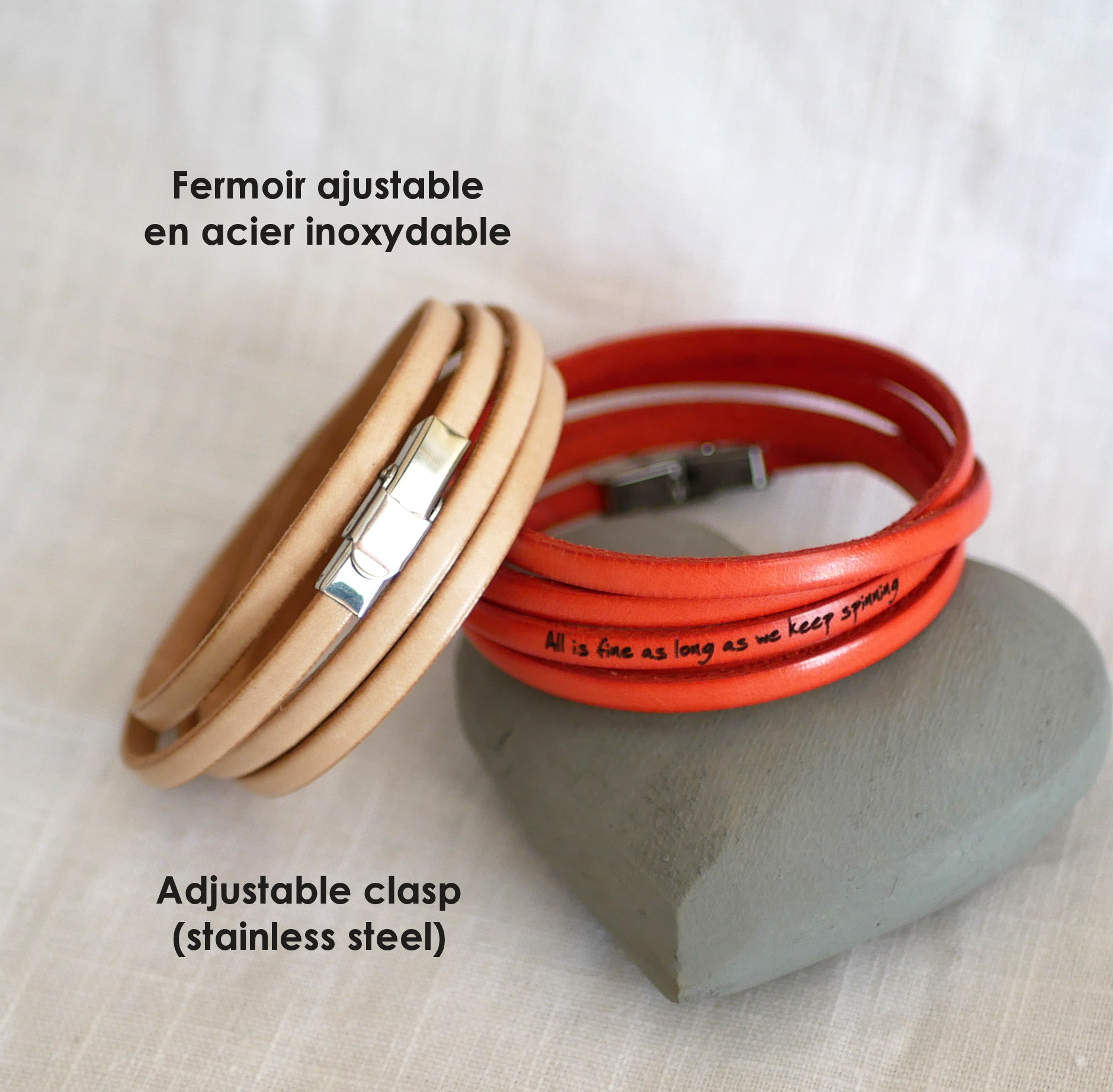 Bracelet cuir fin en 5 tours pour homme ou femme gravé personnalisé de prénoms