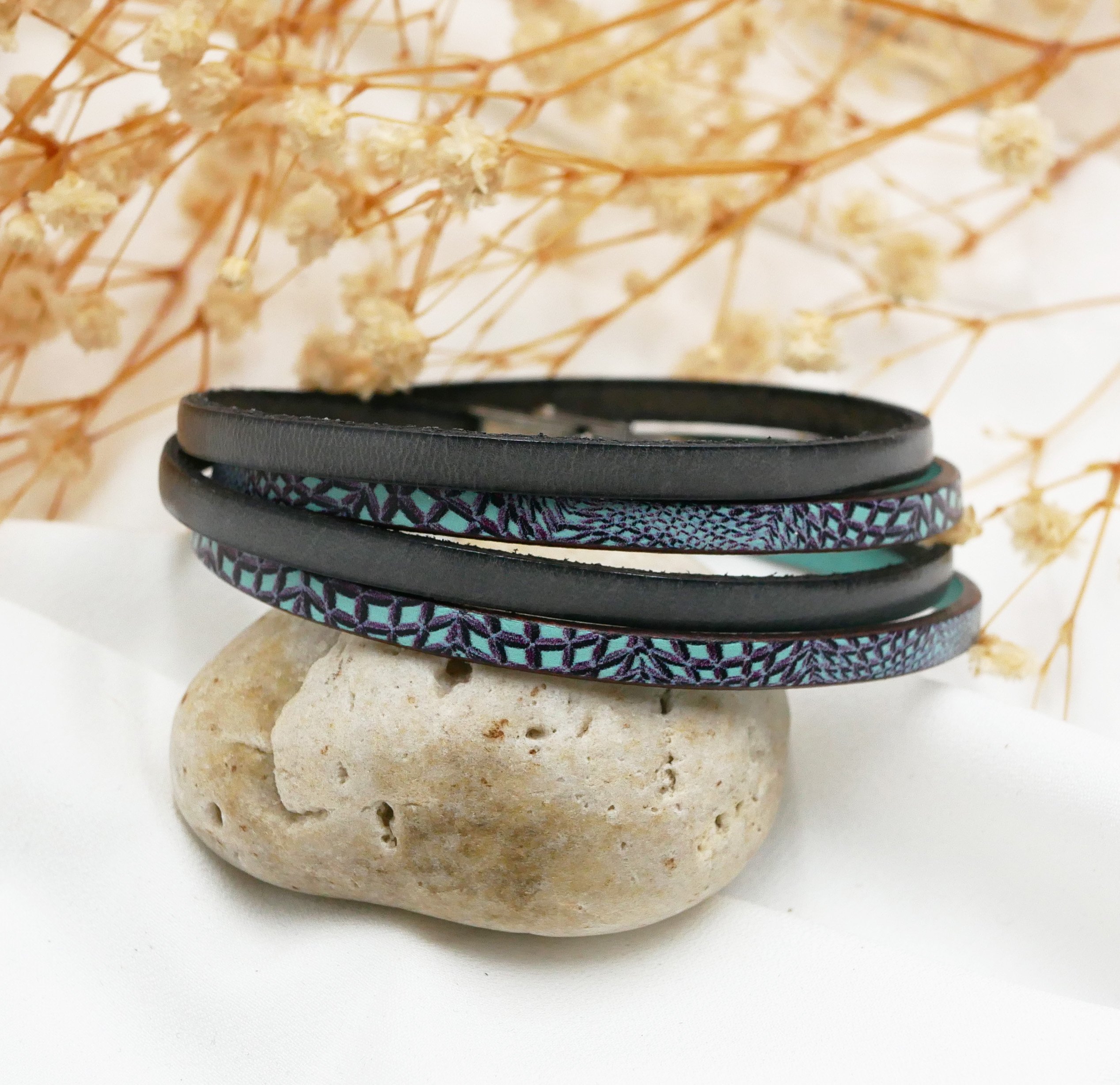 Bracelet cuir imprimé serpent bleu double tour à personnaliser