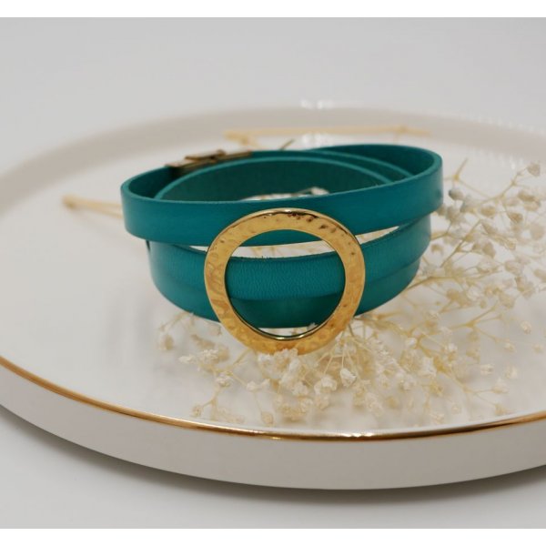 Bracelet cuir large anneau dor&eacute; personnalisable 3 tours de poignet