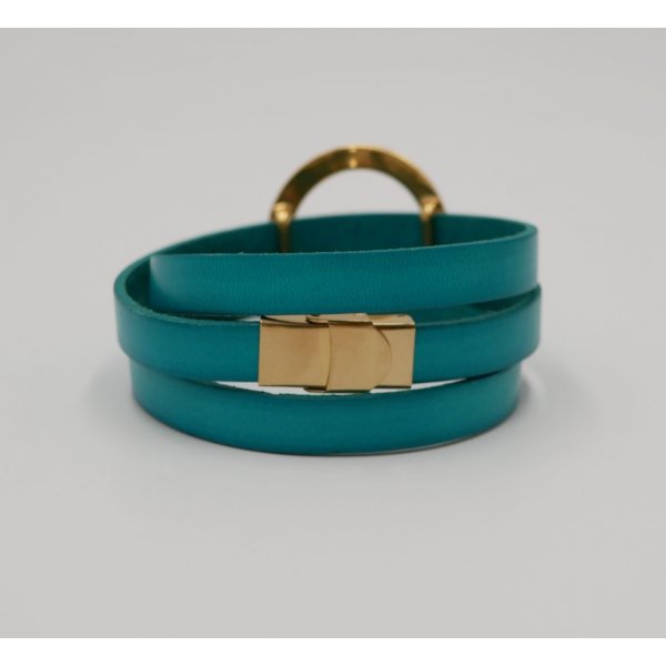 Bracelet cuir large anneau dor&eacute; personnalisable 3 tours de poignet