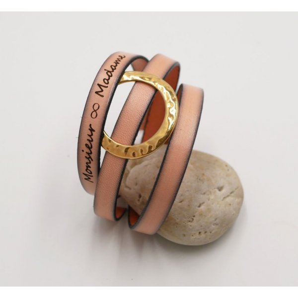 Bracelet cuir large anneau doré personnalisable 3 tours de poignet