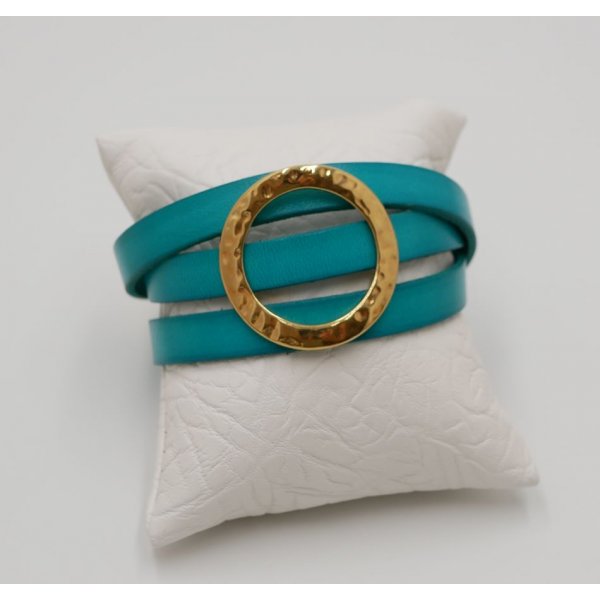 Bracelet cuir large anneau dor&eacute; personnalisable 3 tours de poignet
