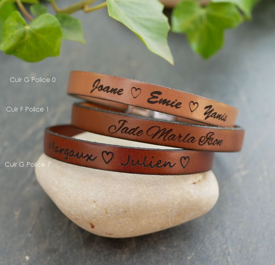 Bracelet cuir personnalisé homme ou femme gravé prénoms ou message