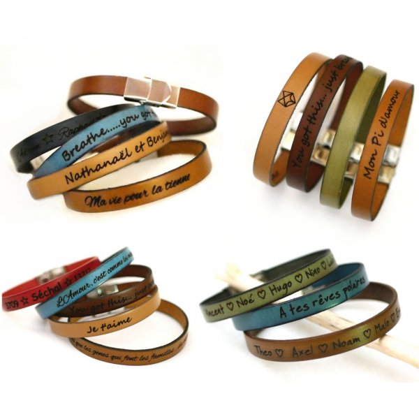 Bracelet cuir mixte gravé prénoms ou coordonnées GPS couleur au choix
