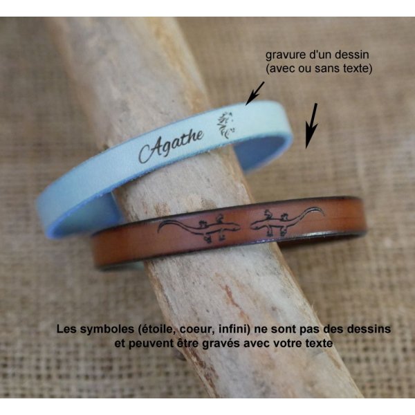 Bracelet cuir mixte grav&eacute; fermoir en T couleur au choix