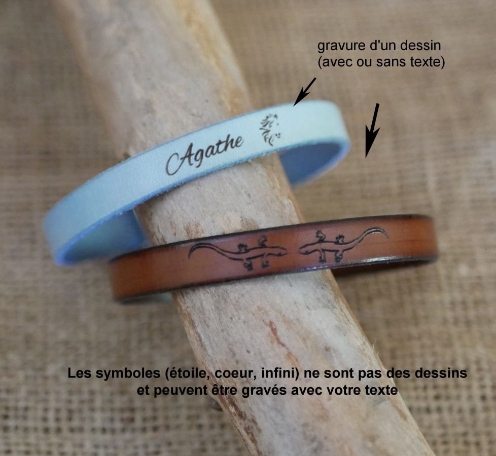 Bracelet cuir mixte gravé fermoir en T couleur au choix