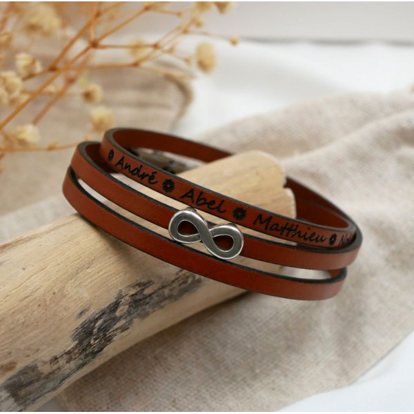 Bracelet cuir multi-tours personnalisable d&eacute;cor argent&eacute; &eacute;toile ou infini ou coeur 