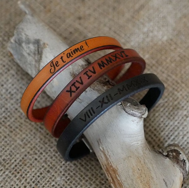 Bracelet cuir Noir Homme &agrave; message &agrave; personnaliser 