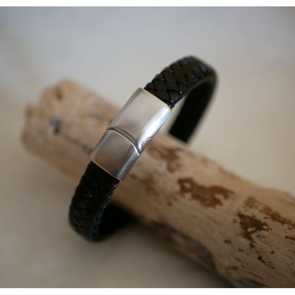 Bracelet cuir noir tressé homme fermoir acier brossé magnétique