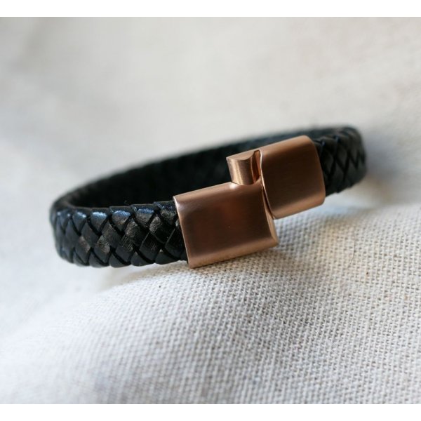 Bracelet cuir noir tress&eacute; fermoir acier Rose Gold magn&eacute;tique